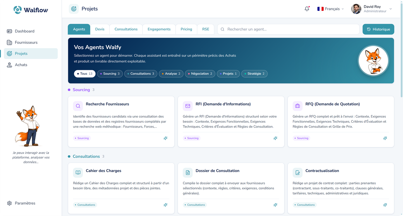 Interfaz Walflow - selección de agentes Walfy por categoría (Sourcing, Consultas, Análisis…)